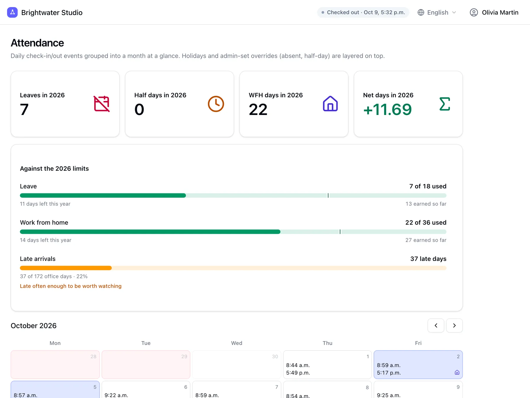 A team member’s own attendance page with allowance meters and a monthly calendar