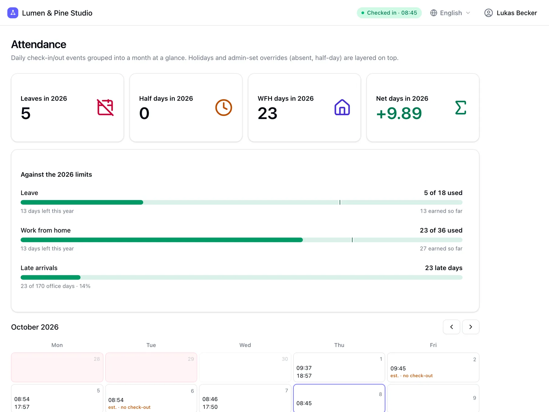 A team member’s own attendance page with allowance meters and a monthly calendar
