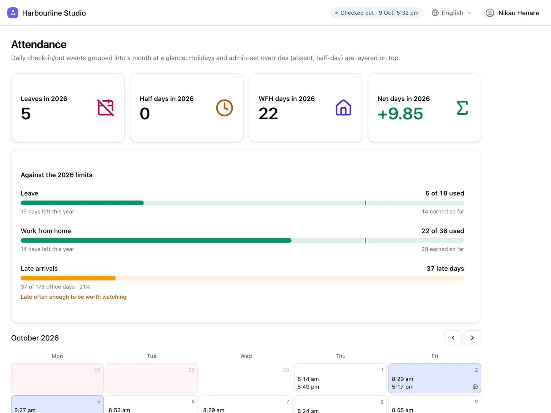 A team member’s own attendance page with allowance meters and a monthly calendar