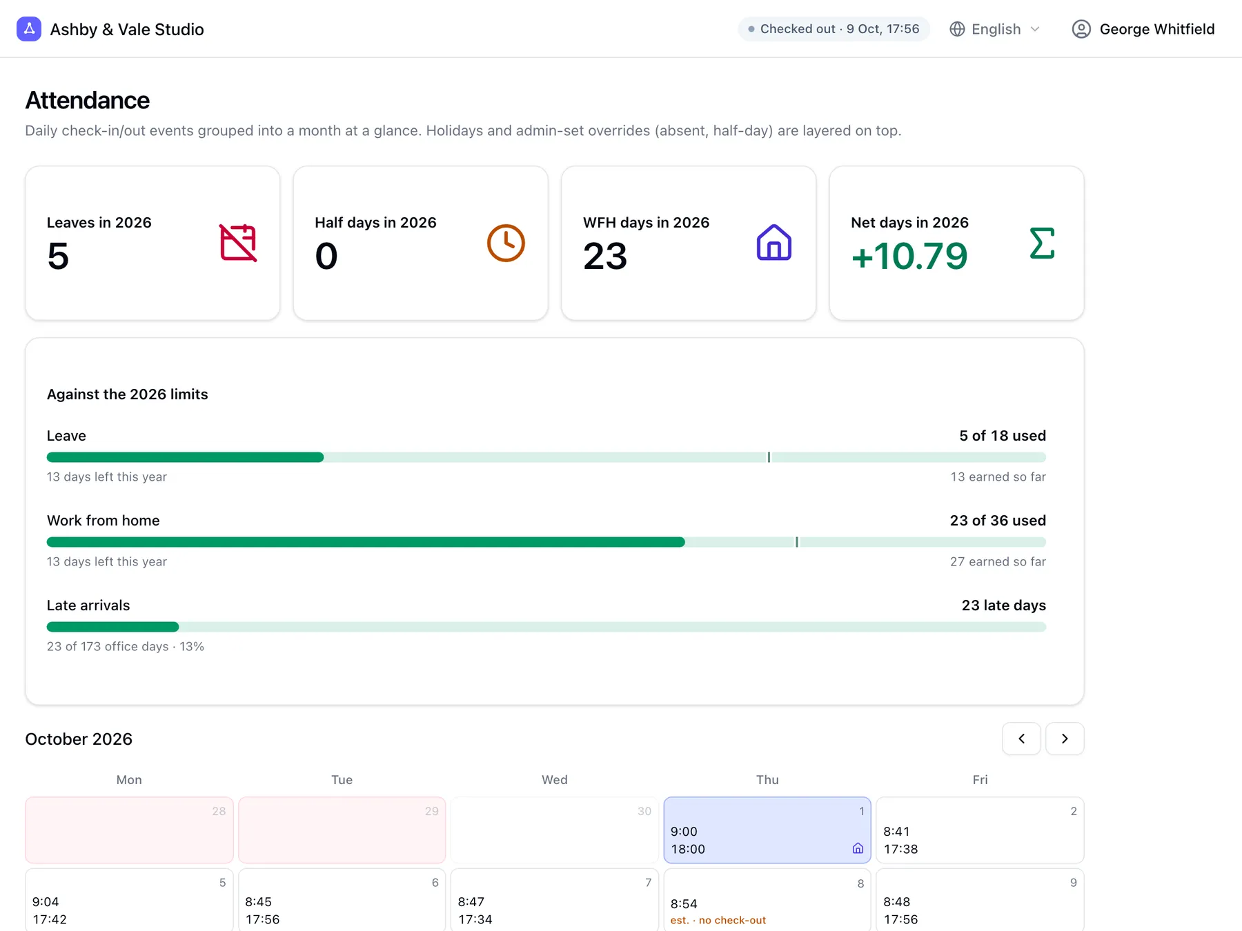 A team member’s own attendance page with allowance meters and a monthly calendar